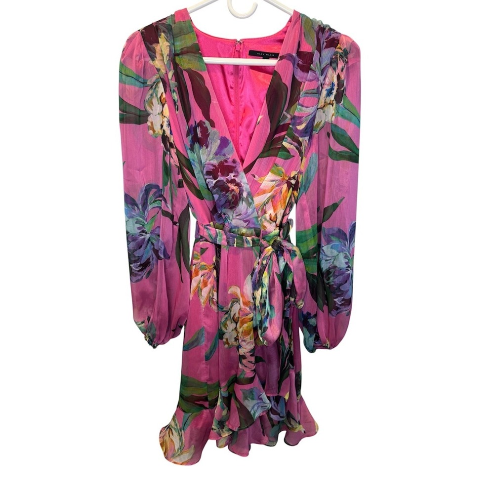 Alex Marie Pink Floral Wrap Mini Dress Long Sleeve Ruffle Hem Size 6 Feminine
